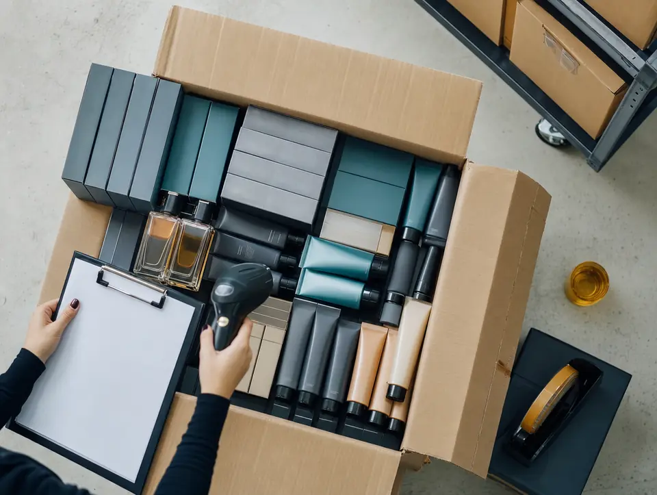 A shipment of beauty products being checked with a barcode scanner and a clipboard.