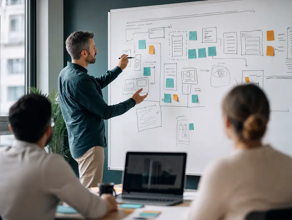 A colleague explains a process on a whiteboard full of boxes, arrows and sticky notes.